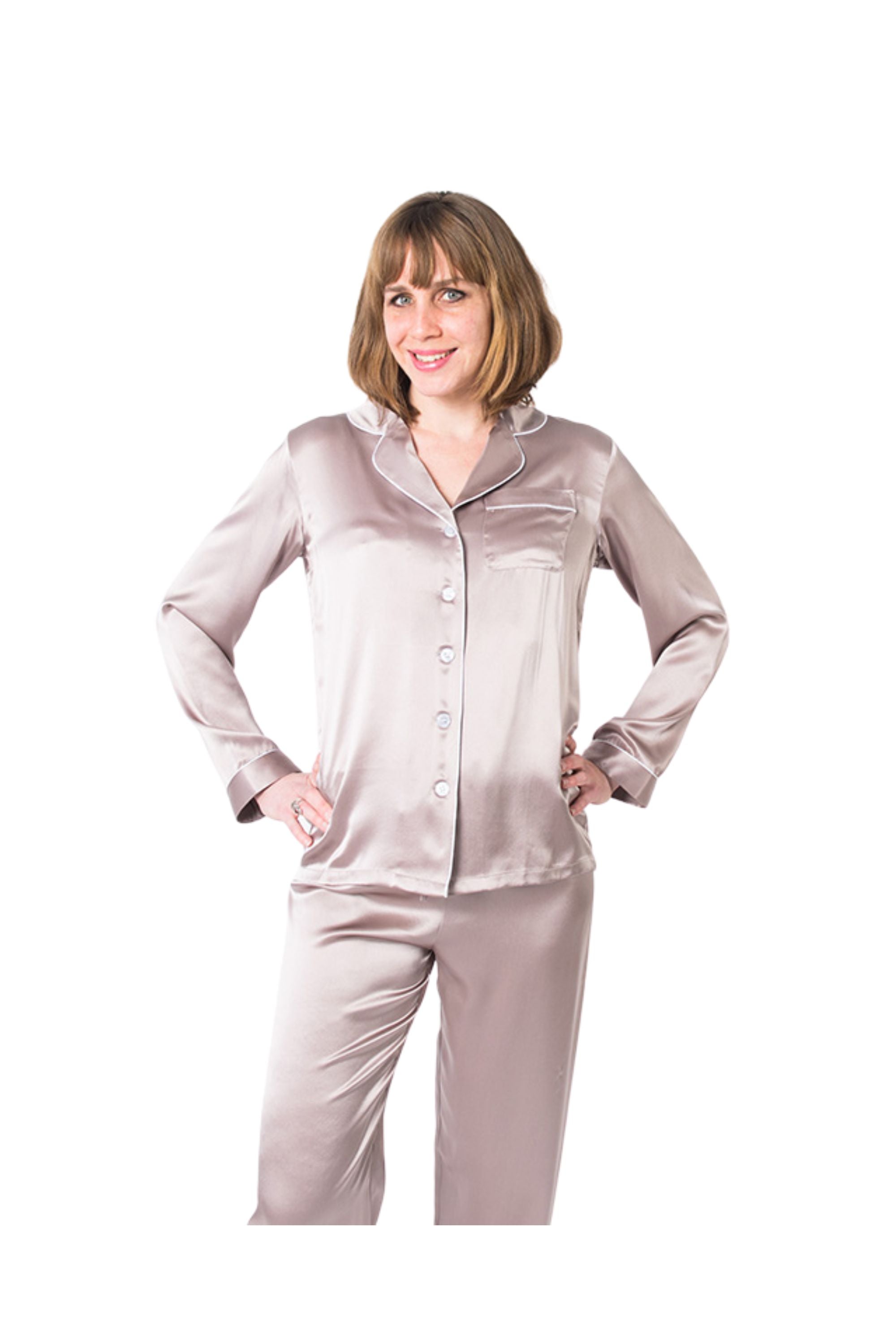 Women's Mulberry Silk Pajama Set Taupe - Silk Pajama - Forster's Finery Fine Silk Products