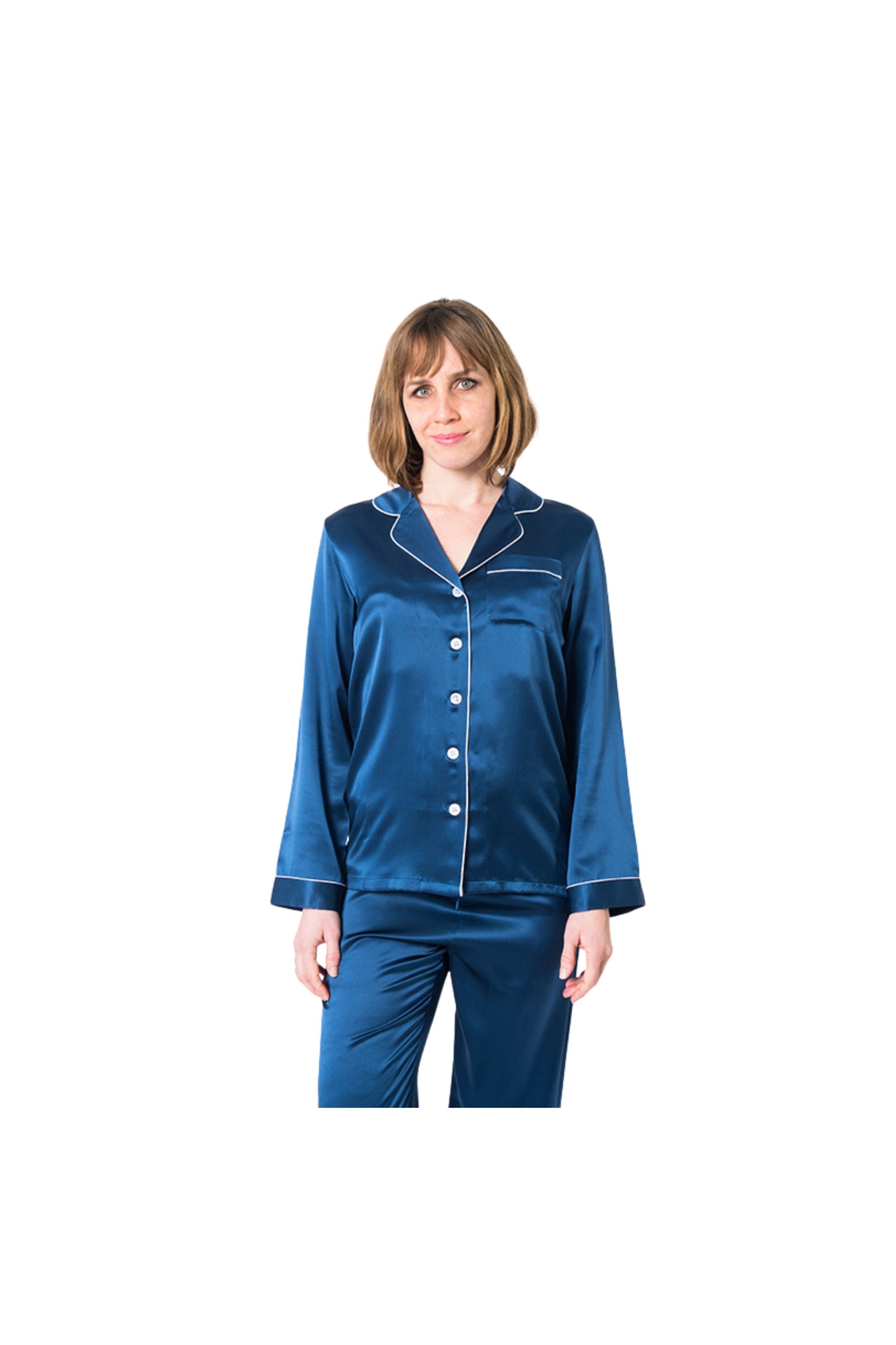 Women's Mulberry Silk Pajama Set Navy Blue - Silk Pajama - Forster's Finery Fine Silk Products