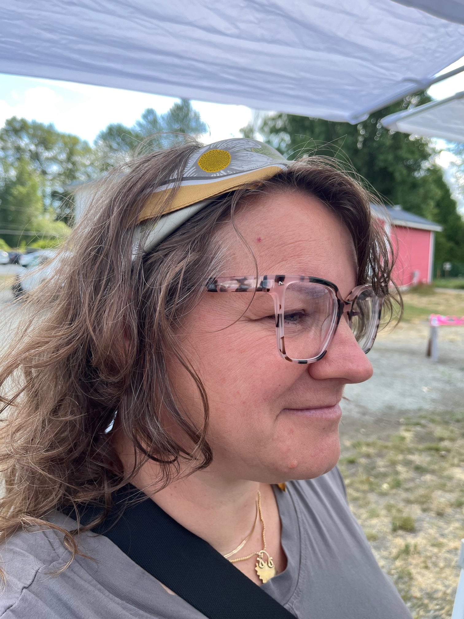 Women's silk scarf worn in hair