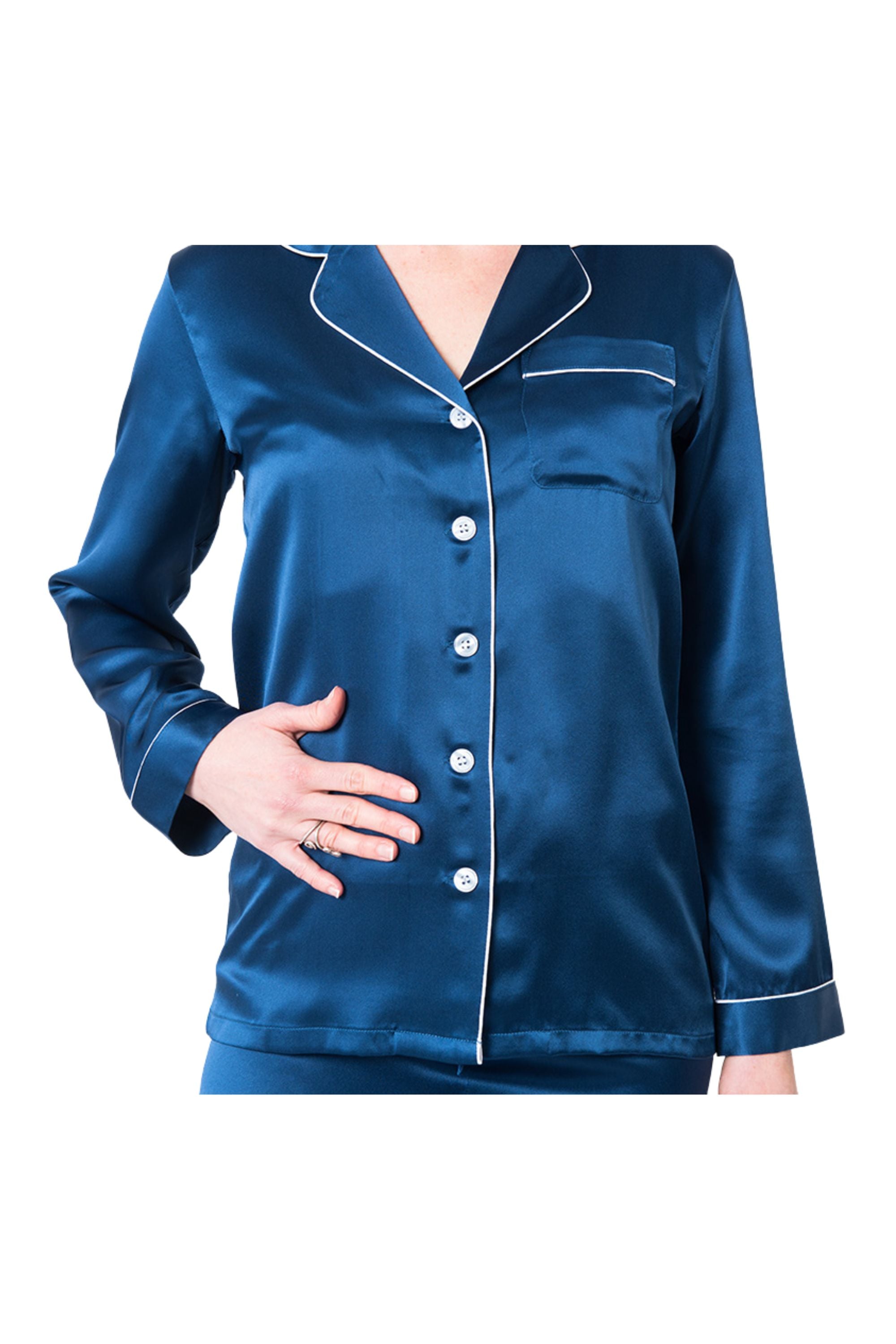 Women's Mulberry Silk Pajama Set Navy Blue - Silk Pajama - Forster's Finery Fine Silk Products