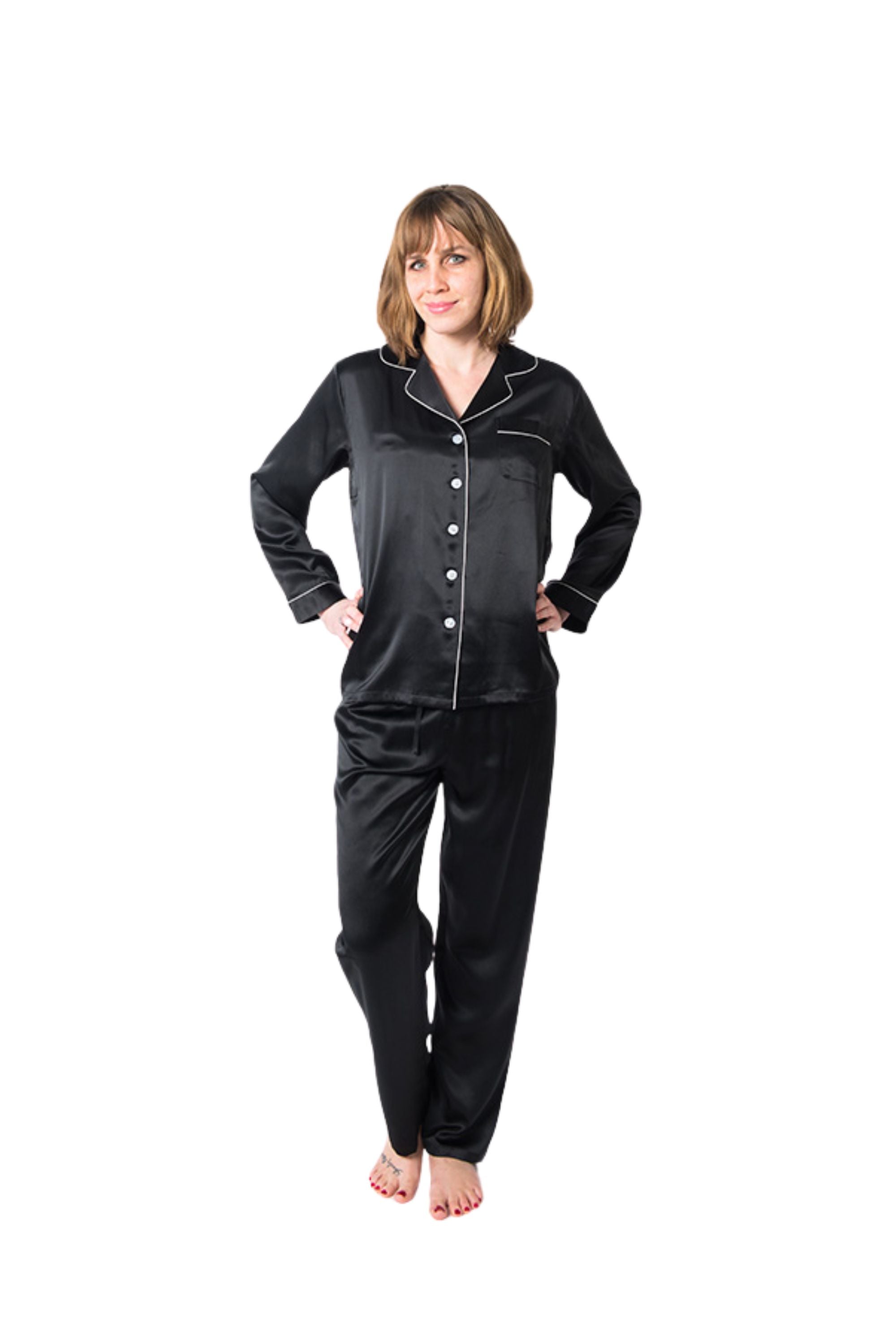 Women's Mulberry Silk Pajama Set Black - Womens Silk Pajama - Forster's Finery Fine Silk Products