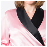 Women's Mulberry Silk Robe Pink with Black Collar -  Silk Robes - Forster's Finery Fine Silk Products