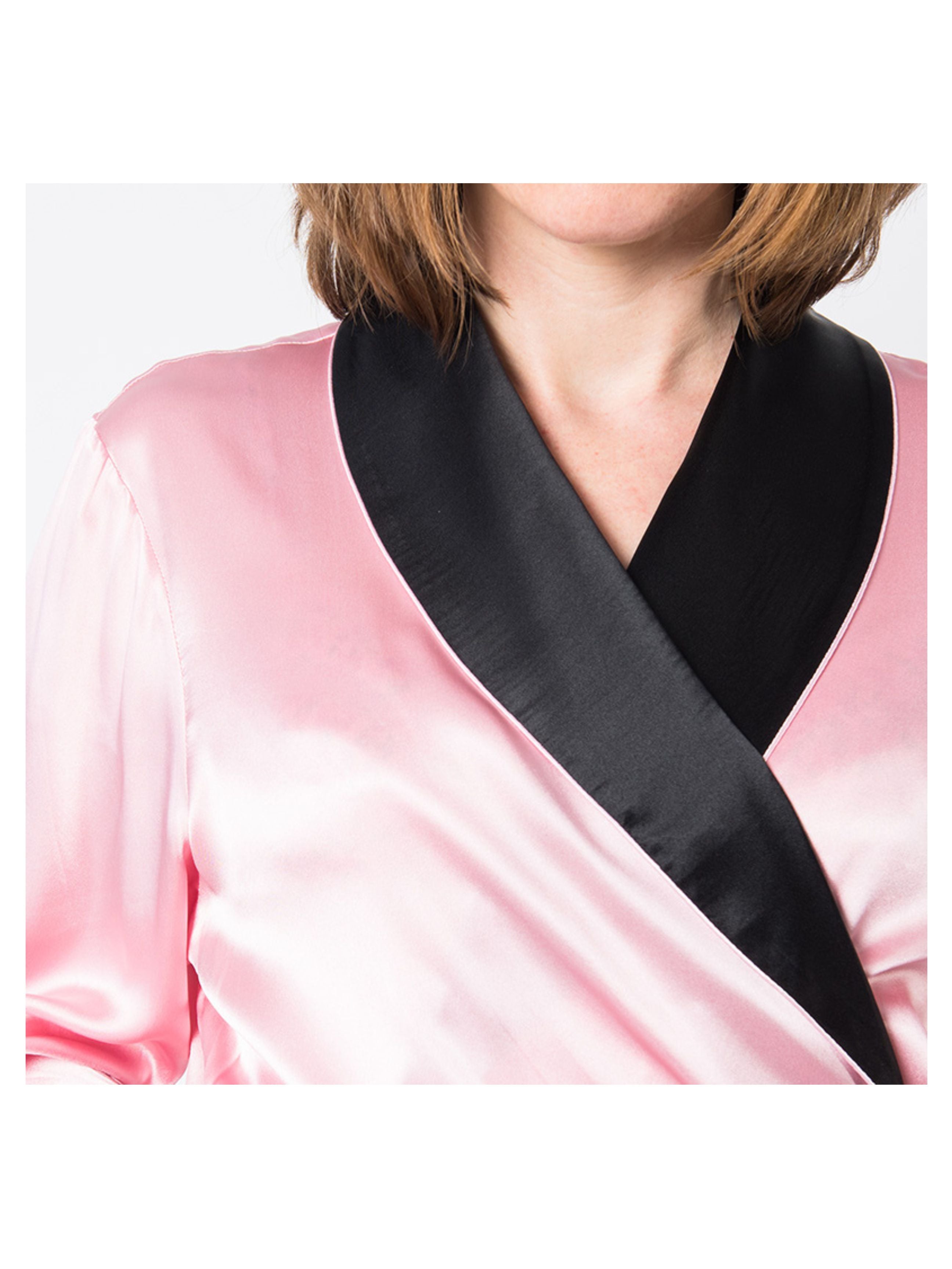 Women's Mulberry Silk Robe Pink with Black Collar - Silk Robes - Forster's Finery Fine Silk Products