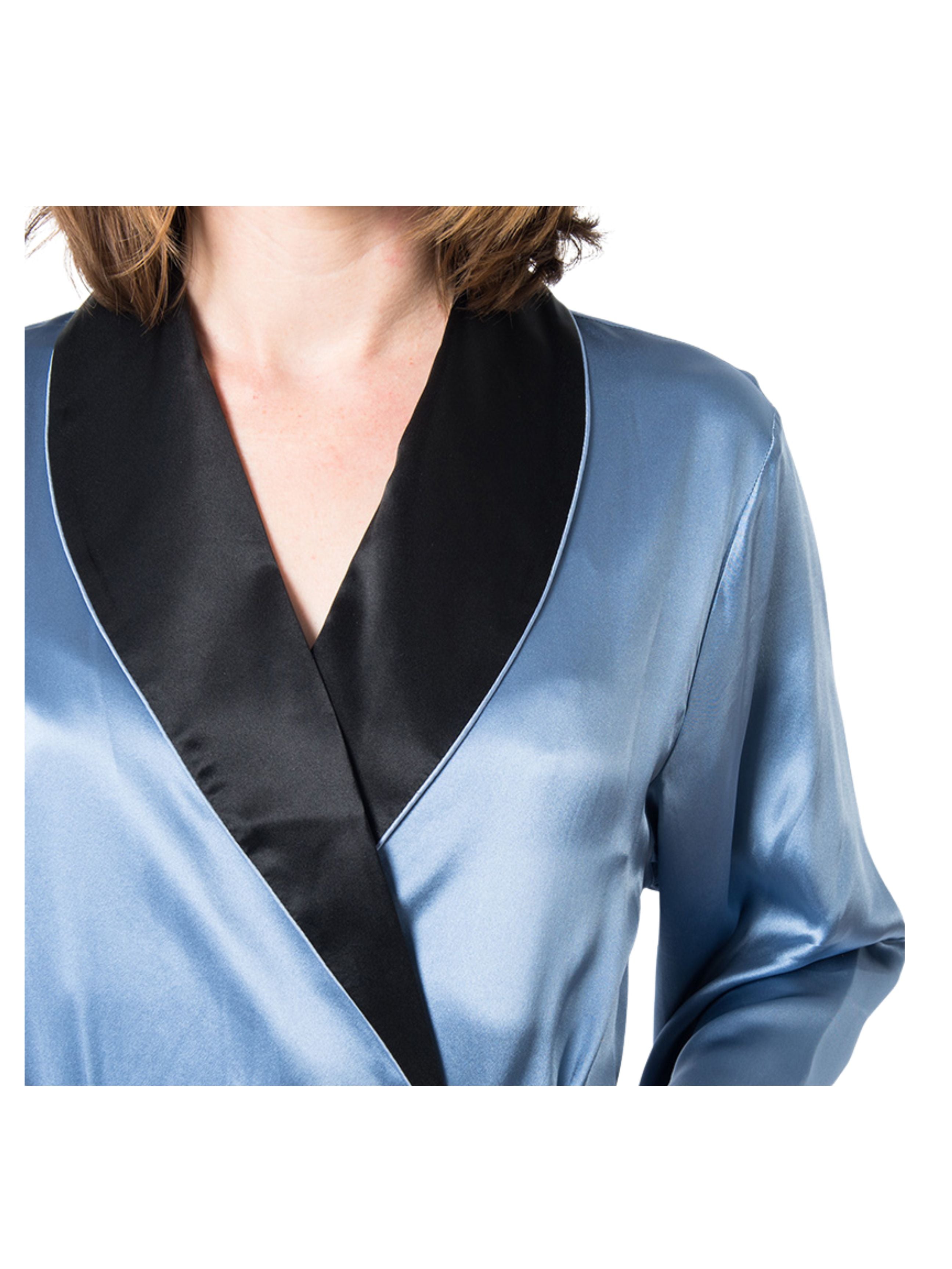 Women's Mulberry Silk Robe Twilight with Black Collar - Silk Robes - Forster's Finery Fine Silk Products