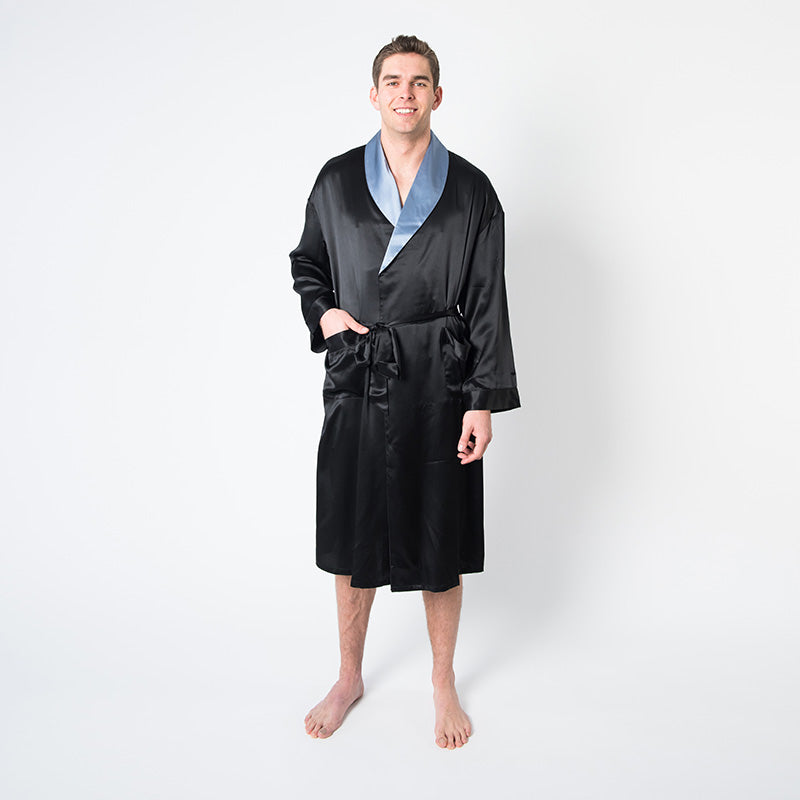  Men's Black Robe with Twilight Collar - Plus Size - FF-Mensrobe-PLUS-Black/Twighlight -  - Luxurious Fine Silk by Forsters Finery