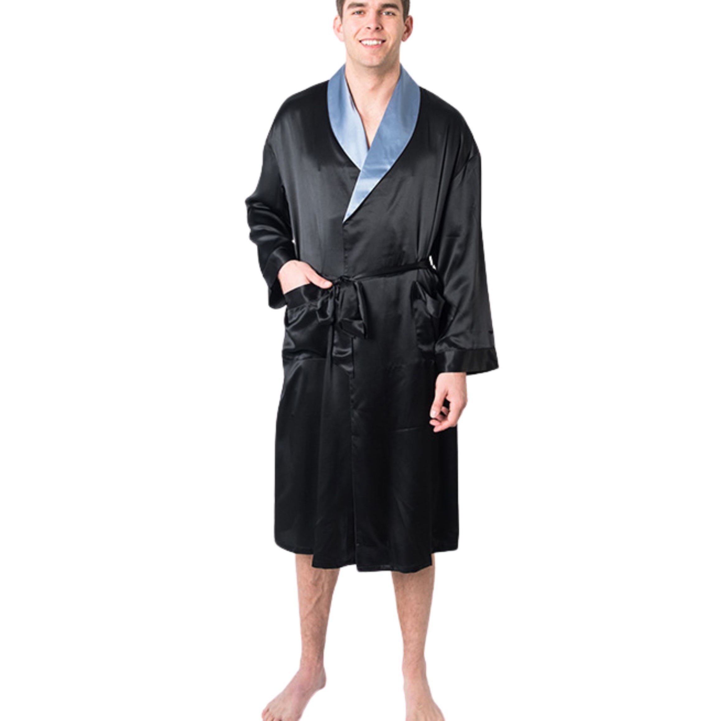 Men's Mulberry Silk Robe Black with Twilight Blue Collar -  Silk Robes - Forster's Finery Fine Silk Products