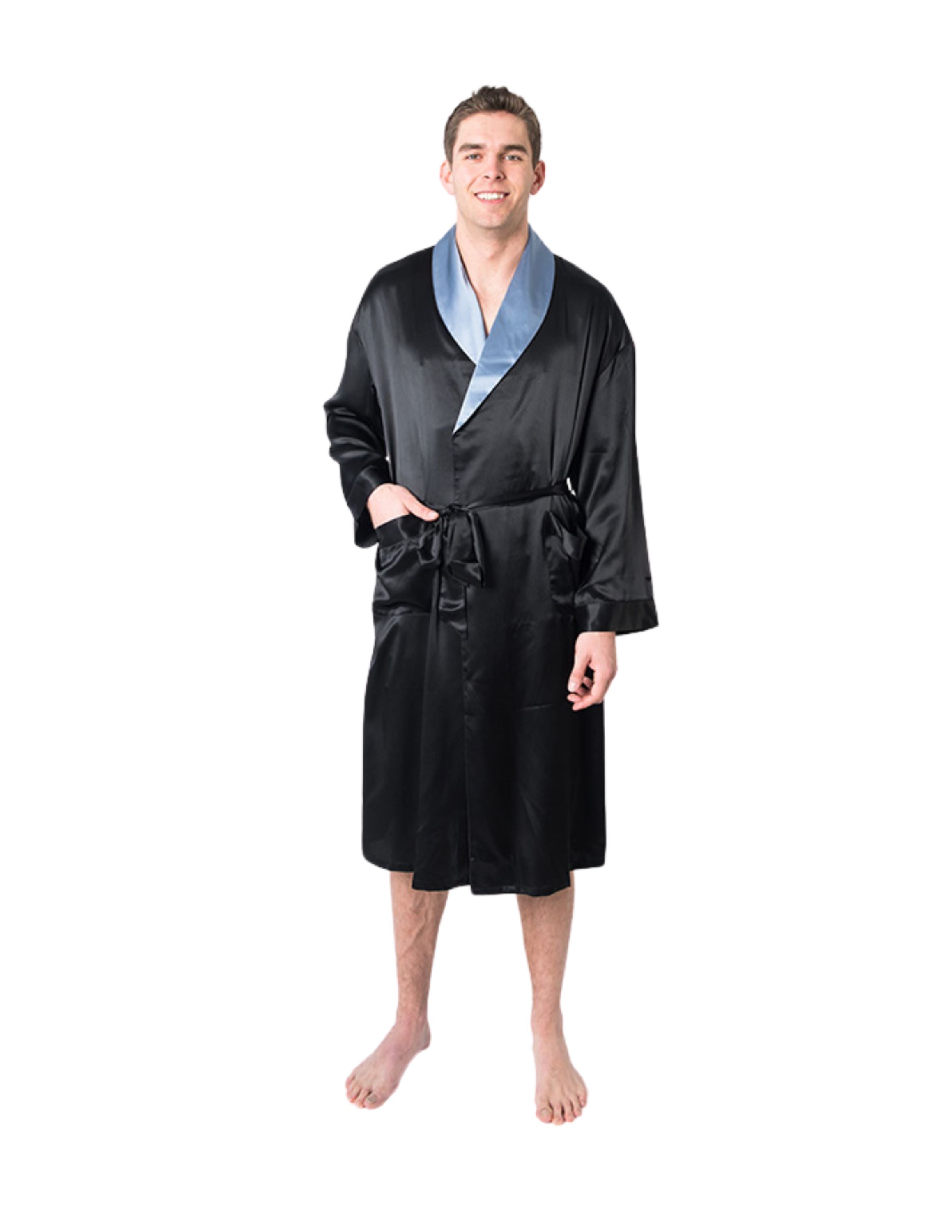 Men's Mulberry Silk Robe Black with Twilight Blue Collar - Silk Robes - Forster's Finery Fine Silk Products