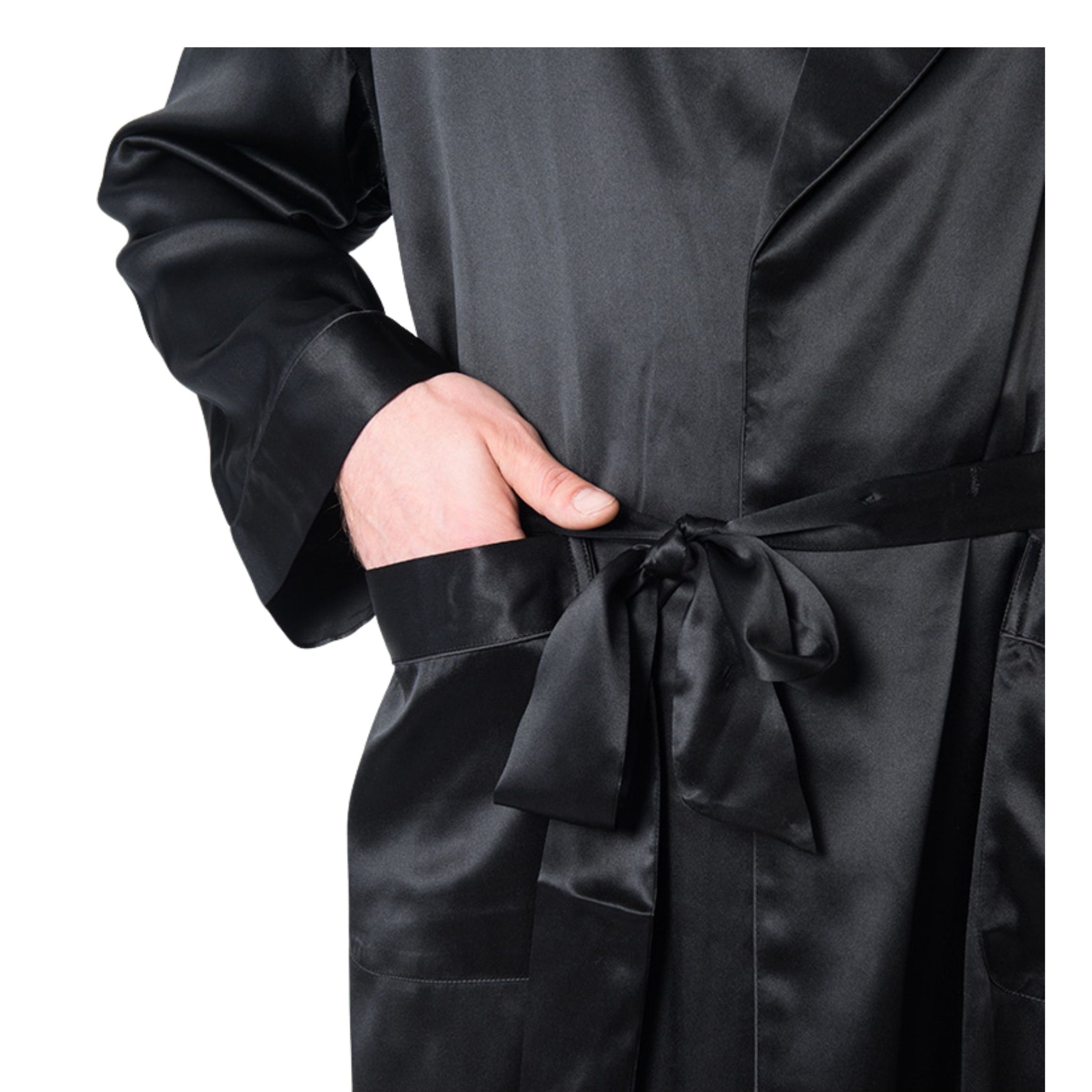 Men's Mulberry Silk Robe Black with Twilight Blue Collar -  Silk Robes - Forster's Finery Fine Silk Products
