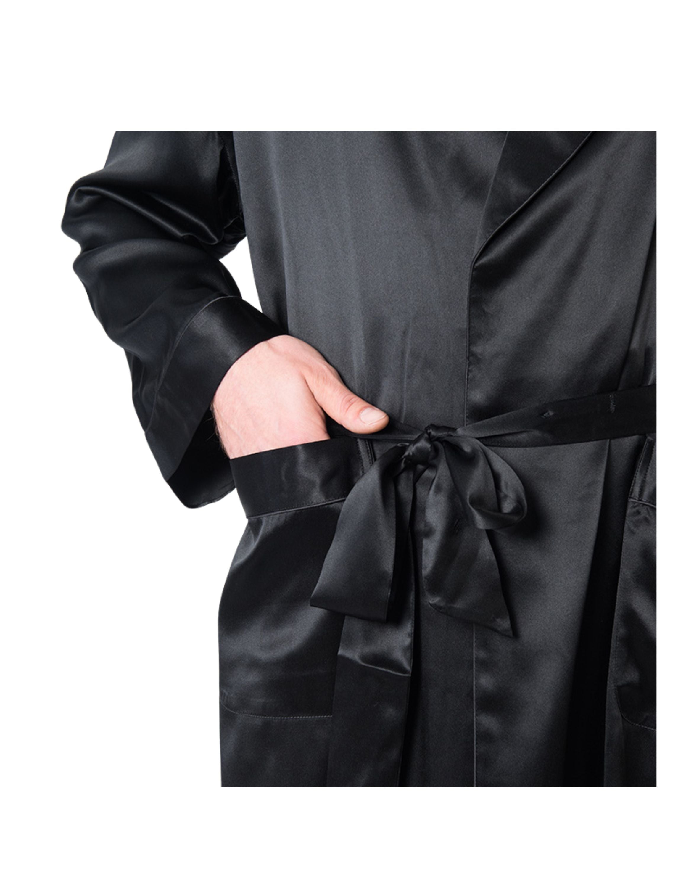 Men's Mulberry Silk Robe Black with Twilight Blue Collar - Silk Robes - Forster's Finery Fine Silk Products