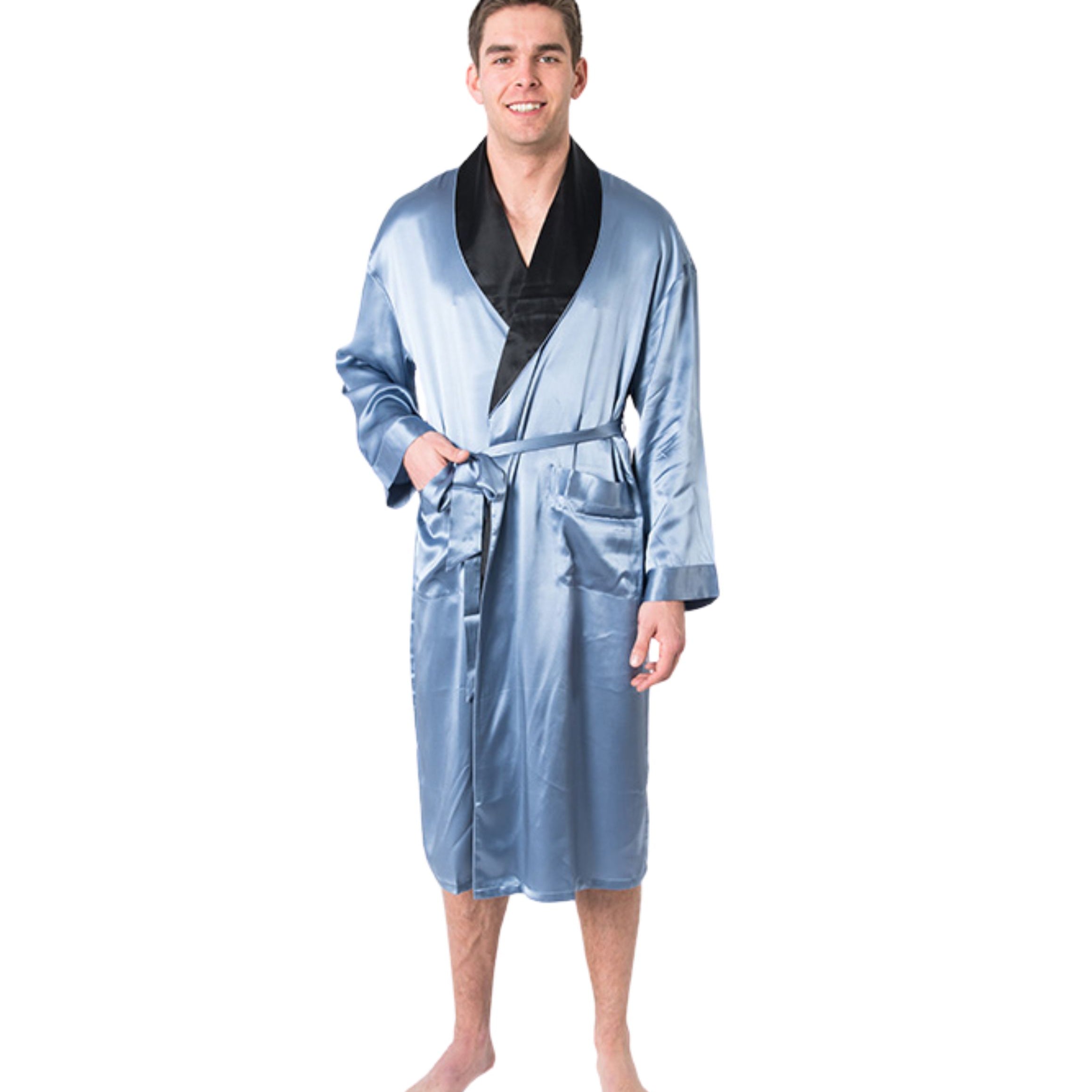 Men's Mulberry Silk Robe  Twilight Blue with Black Collar -  Silk Robes - Forster's Finery Fine Silk Products