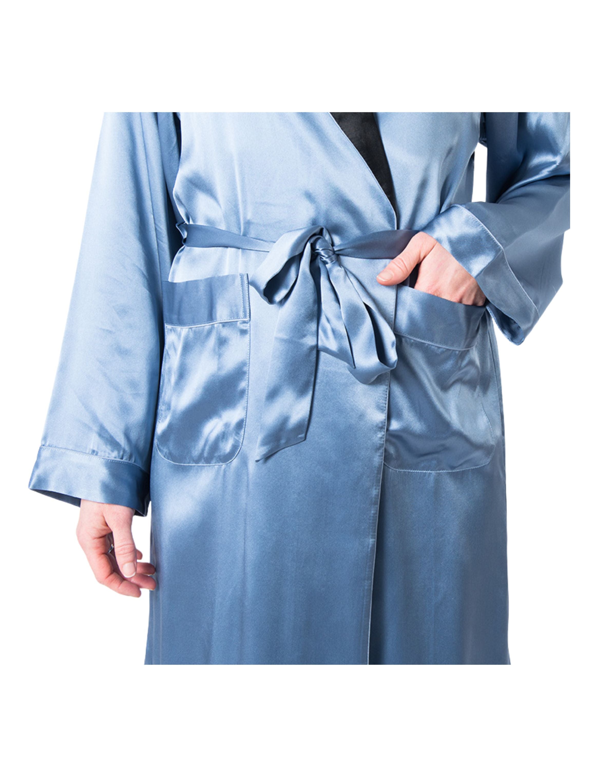Men's Mulberry Silk Robe Twilight Blue with Black Collar - Silk Robes - Forster's Finery Fine Silk Products