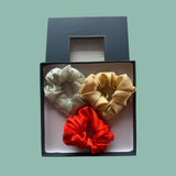 3 pack Scrunchy Bundle Gold, Aqua, Lava 3.5-4 cm - Silk Scrunchy - Forster's Finery Fine Silk Products