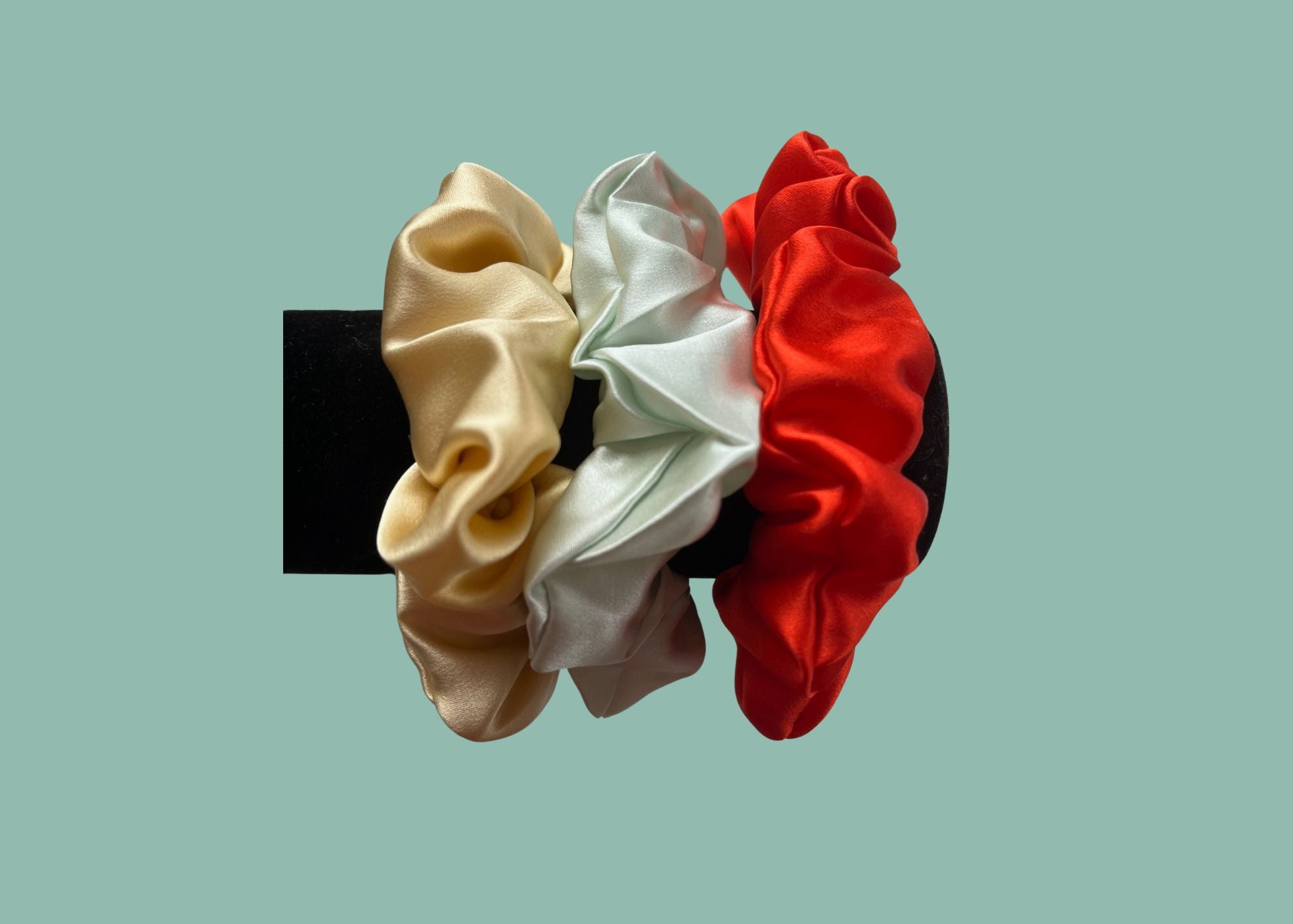 3 pack Scrunchy Bundle Gold, Aqua, Lava 3.5-4 cm - Silk Scrunchy - Forster's Finery Fine Silk Products