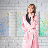 Women's Mulberry Silk Robe Pink with Black Collar
