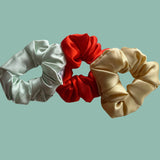 3 pack Scrunchy Bundle Gold, Aqua, Lava 3.5-4 cm - Silk Scrunchy - Forster's Finery Fine Silk Products