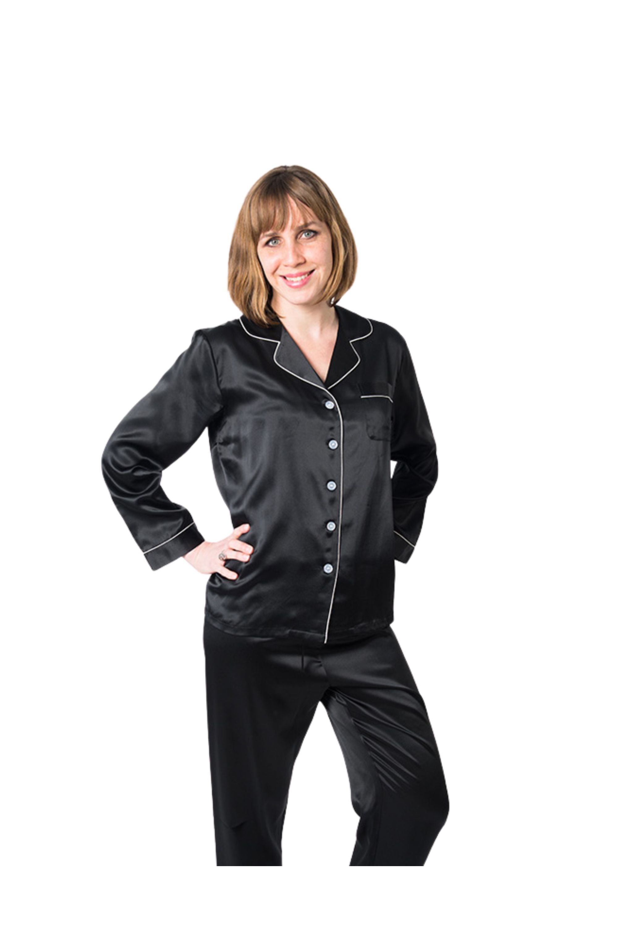Women's Mulberry Silk Pajama Set Black -  Womens Silk Pajama - Forster's Finery Fine Silk Products