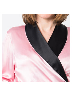 Women's Mulberry Silk Robe Pink with Black Collar -  Silk Robes - Forster's Finery Fine Silk Products