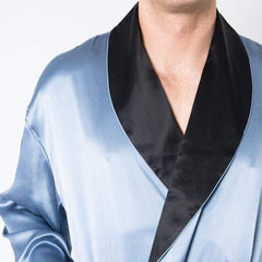 Men's Mulberry Silk Robe  Twilight Blue with Black Collar -  Silk Robes - Forster's Finery Fine Silk Products
