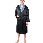 Men's Mulberry Silk Robe Black with Twilight Blue Collar -  Silk Robes - Forster's Finery Fine Silk Products
