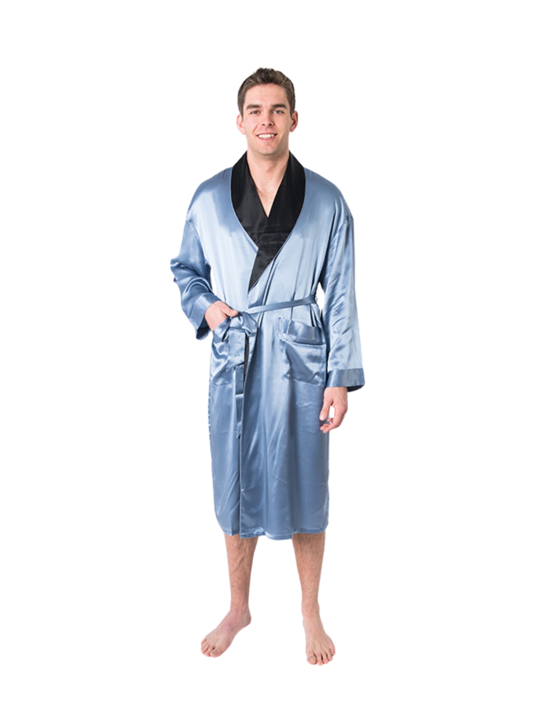 Men's Mulberry Silk Robe  Twilight Blue with Black Collar -  Silk Robes - Forster's Finery Fine Silk Products