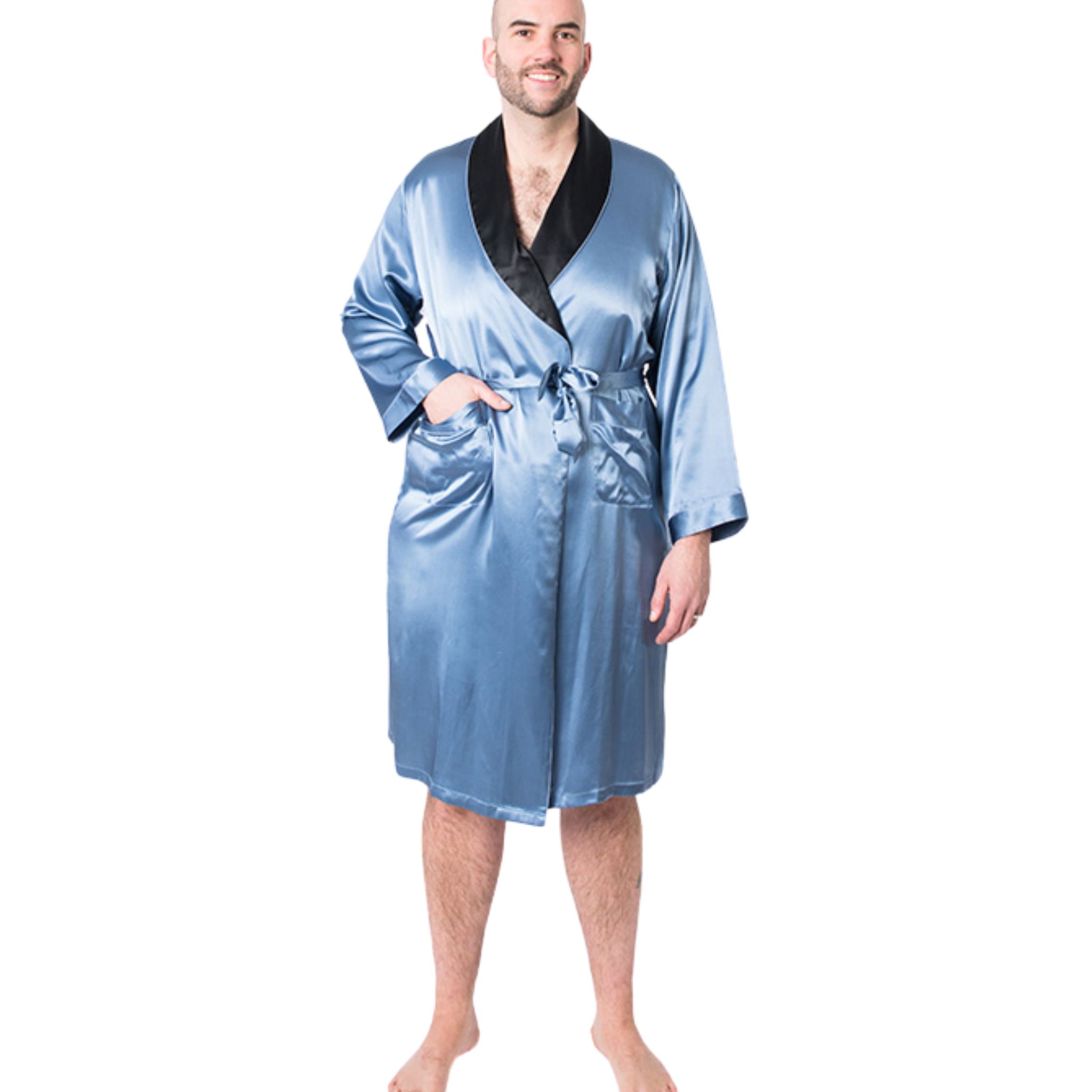  Men's Twilight Blue Robe with Black Collar - Men's Twilight Blue Robe with Black Collar -  -  - Luxurious Fine Silk by Forsters Finery