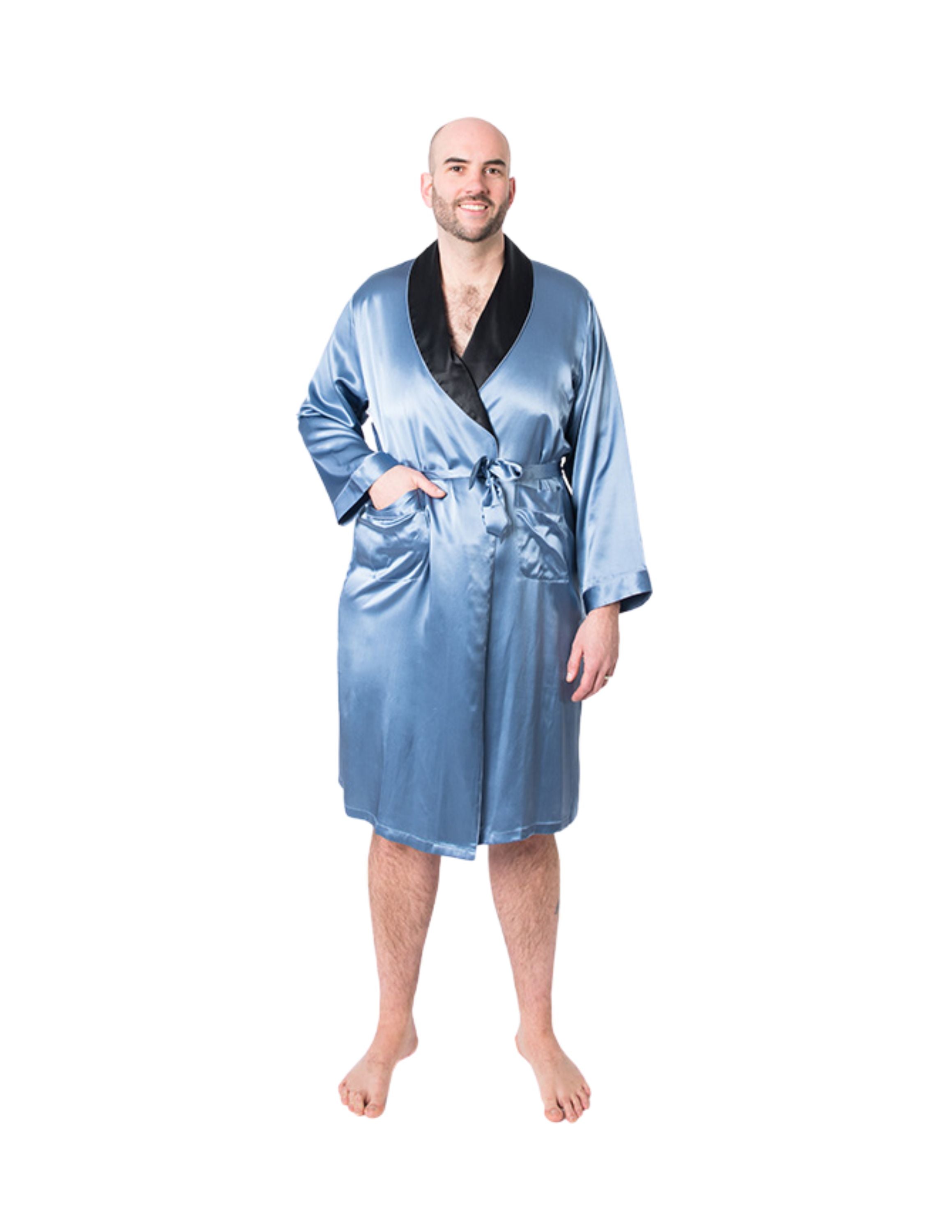 Men's Mulberry Silk Robe  Twilight Blue with Black Collar -  Silk Robes - Forster's Finery Fine Silk Products