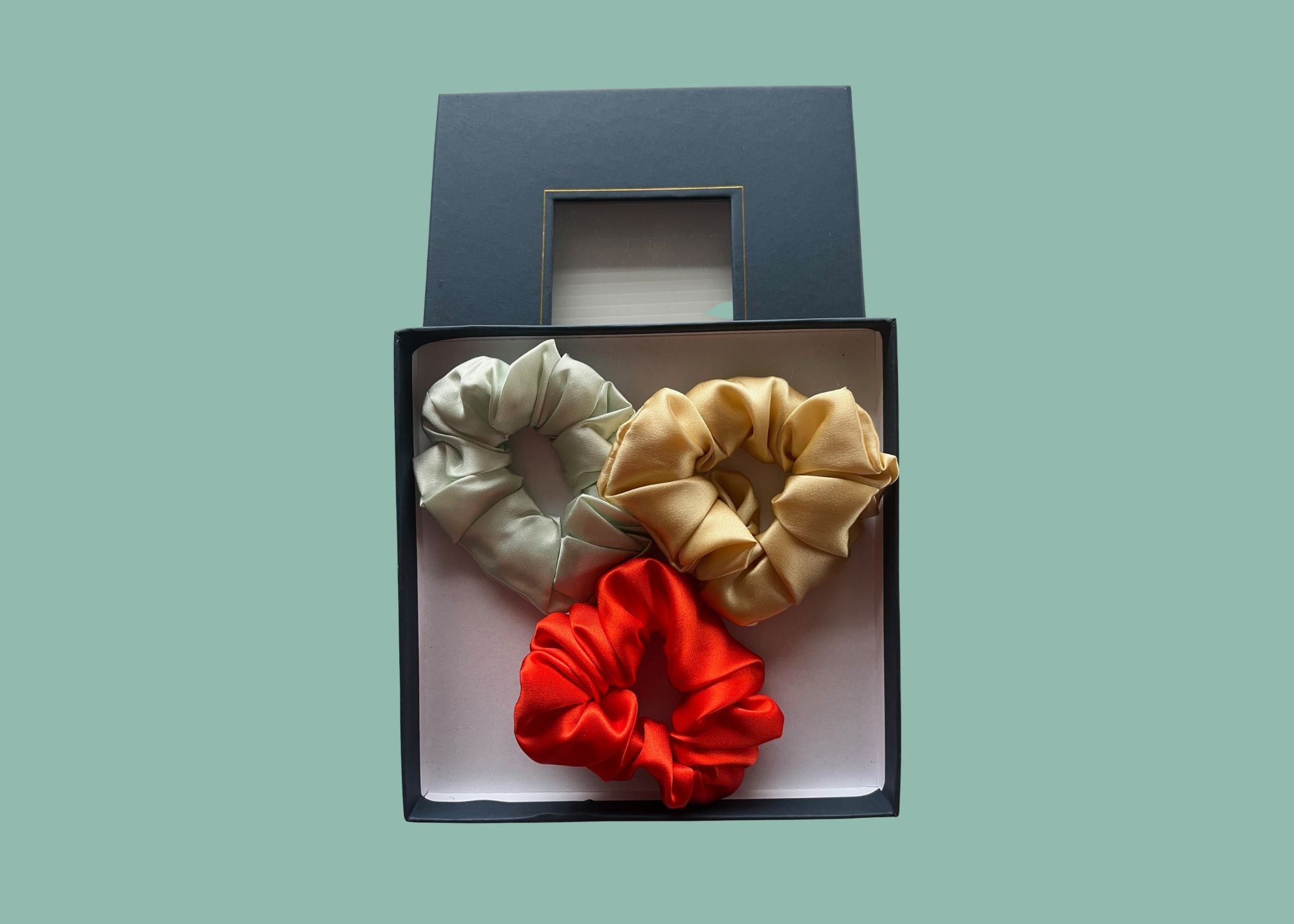 3 pack Scrunchy Bundle Gold, Aqua, Lava 3.5-4 cm -  Silk Scrunchy - Forster's Finery Fine Silk Products