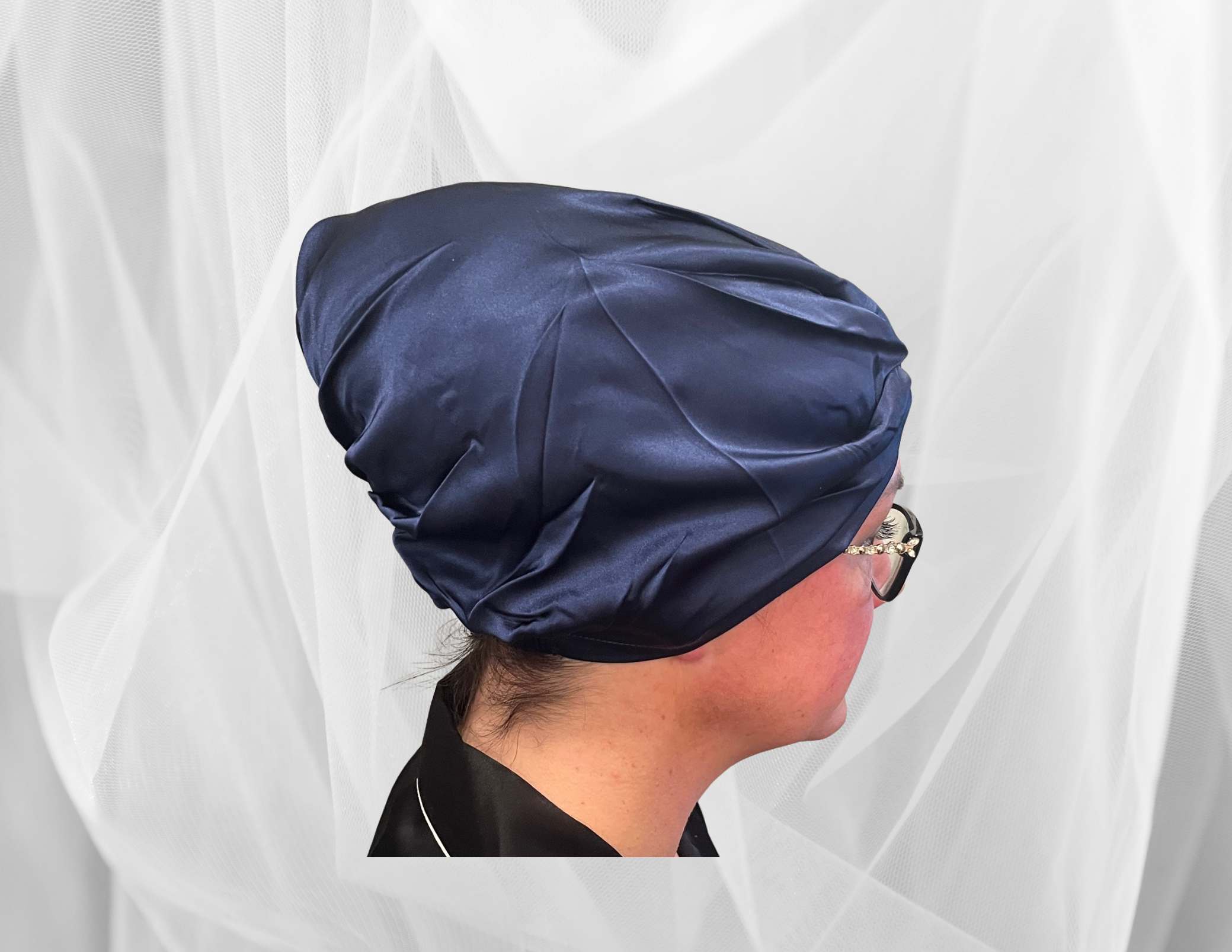 Navy Silk Bonnet -  Silk Night Cap - Forster's Finery Fine Silk Products