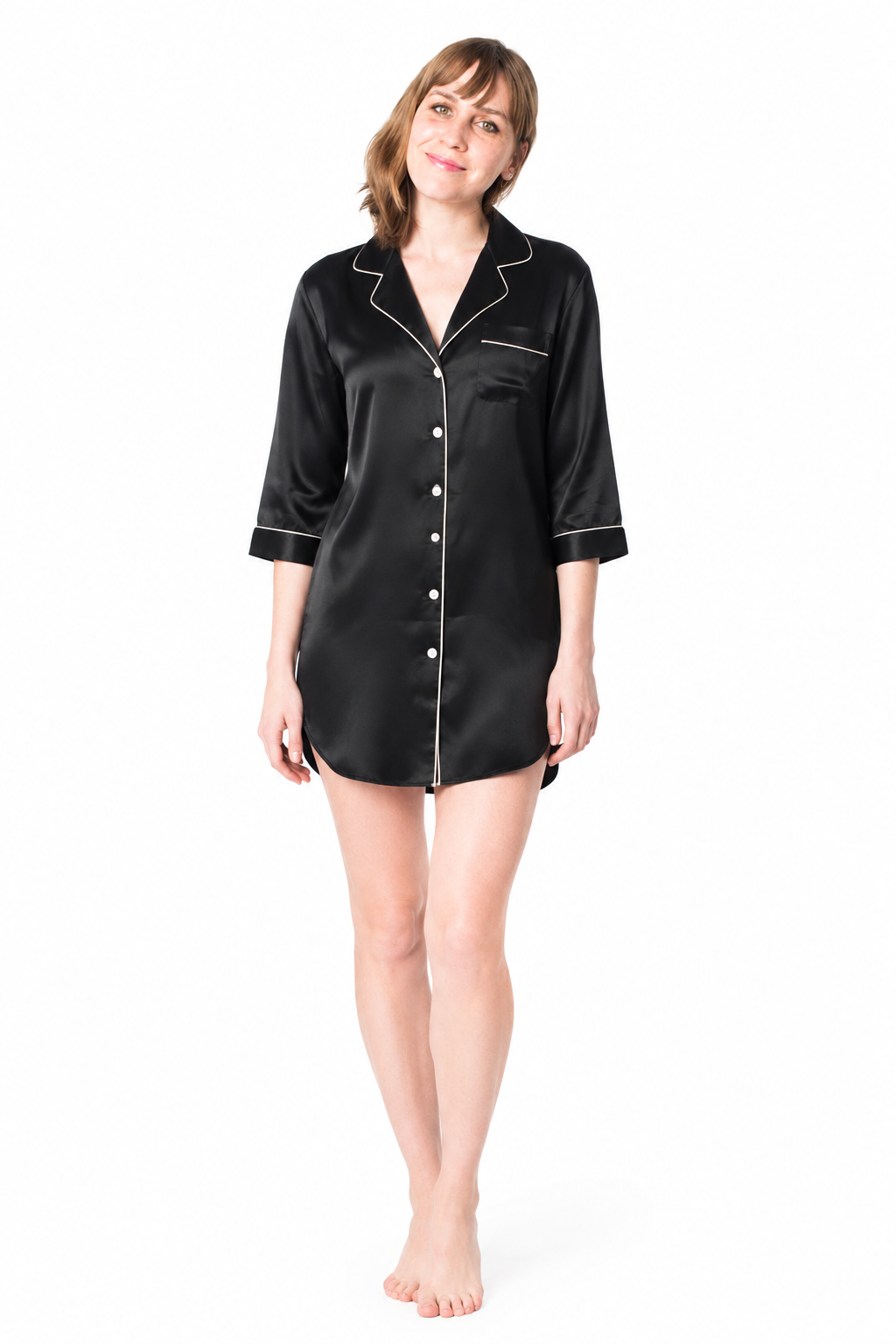 Black silk nightshirt, front view showing the button placket, notch collar and ivory piping.
