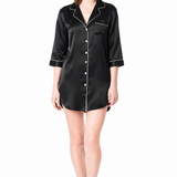 Black silk nightshirt, front view showing the button placket, notch collar and ivory piping.