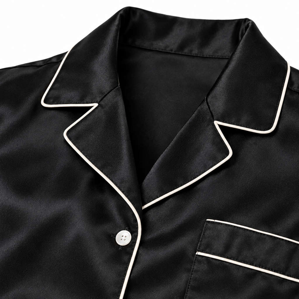 Close-up of ivory piping along the black silk nightshirt's collar and button placket.