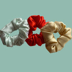 3 pack Scrunchy Bundle Gold, Aqua, Lava 3.5-4 cm -  Silk Scrunchy - Forster's Finery Fine Silk Products